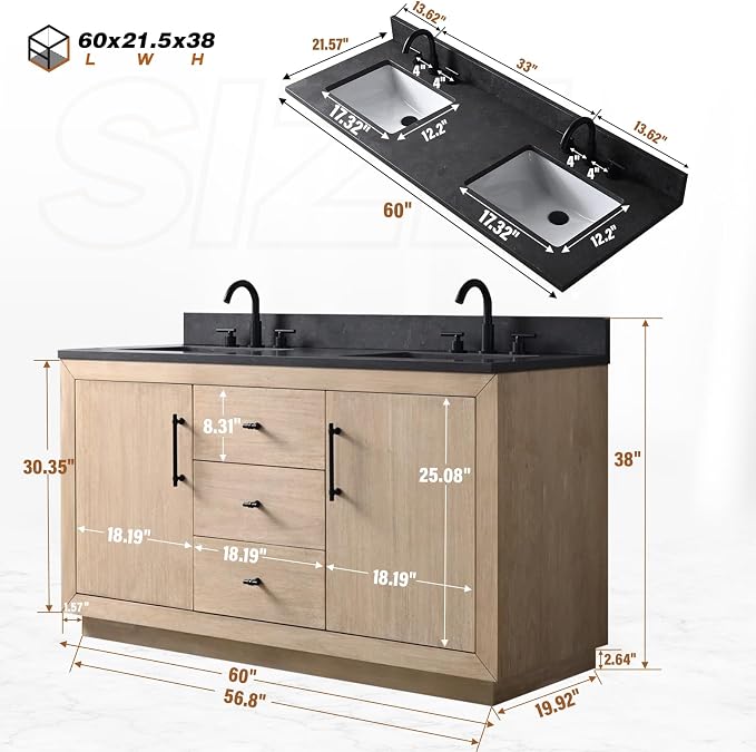 60 Inch Bathroom Vanity with Double Sink & Black Ceramic Top, MDF Material Vanity Cabinet with Basin Combo, Soft-Closing Doors, Removable Shelf, Backsplash