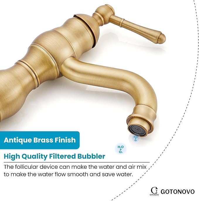 gotonovo Bathroom Faucet 1 Hole Vintage,Antique Brass,5.9” Spout Reach | Bathroom Sink Faucet for 1 or 3 Hole Single Handle,Deck Plate,360° Swivel Spout,Pop Up Drain,cUPC Supply Hoses,for Vanity RV