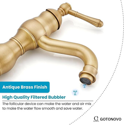 gotonovo Bathroom Faucet 1 Hole Vintage,Antique Brass,5.9” Spout Reach | Bathroom Sink Faucet for 1 or 3 Hole Single Handle,Deck Plate,360° Swivel Spout,Pop Up Drain,cUPC Supply Hoses,for Vanity RV