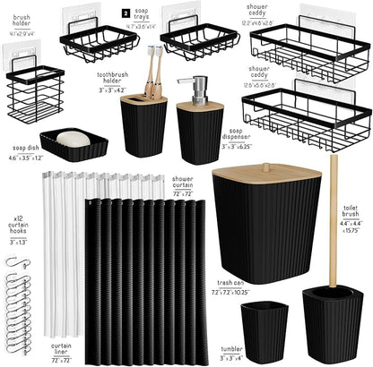 Clara Clark Black Bathroom Set, Shower Curtain Set and Shower Caddy Hanging | 25 Piece Bathroom Accessories Set with Toothbrush Holder, Soap Dispenser, Soap Dish, Toilet Brush, and Bathroom Trash Can