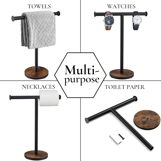 Hand Towel Holder Stand, Countertop Towel Stand for Bathroom | T-Shaped Kitchen Towel Rack with Weighted Wood Base, Western Bathroom Decor, Rustic Black and Brown