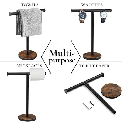 Hand Towel Holder Stand, Countertop Towel Stand for Bathroom | T-Shaped Kitchen Towel Rack with Weighted Wood Base, Western Bathroom Decor, Rustic Black and Brown