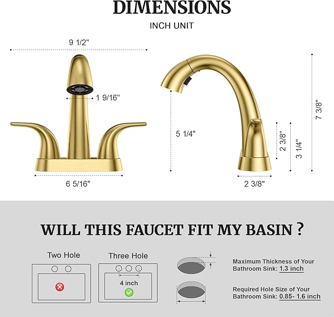 Ultimate Unicorn Brushed Gold Bathroom Sink Faucet - 4 Inch Centerset Pull Down Vanity Faucets 3 Hole with Pop Up Drain - Two Handle Modern Washbasin Tap Set with Pull Out Sprayer for Rv Restroom