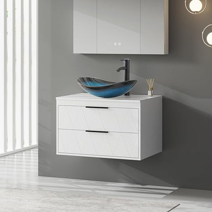 eclife 30" Floating Bathroom Vanities with Sink Combo, Wall Mounted Modern Cabinet W/Diamond Line Pattern Design, Blue Boat Glass Vessel Sink W/Water Save Faucet & Pop Up Drain, White