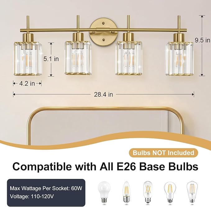 Brushed Gold Bathroom Light Fixtures, Square, 4-Light | Vanity Lights with Crystal Shades, Modern Bathroom Lighting Fixtures over Mirror (Bulbs Not Included, E26)