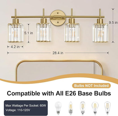 Brushed Gold Bathroom Light Fixtures, Square, 4-Light | Vanity Lights with Crystal Shades, Modern Bathroom Lighting Fixtures over Mirror (Bulbs Not Included, E26)