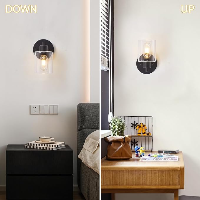Wall Sconces for Bathroom, Modern Vanity Light Fixtures, Black Wall Mount Lighting Lanterns, Farmhouse Wall Lights with Clear Glass Shade for Bedroom Living Room Mirror Hallway Kitchen（2PACK）