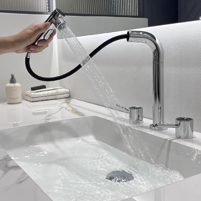 3 Hole Basin Faucets Pull Out Basin Mixer Faucet Brass-Chrome Plated