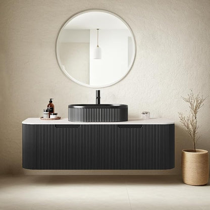 48 inch Floating Bathroom Vanity with Sink, Plywood Bathroom Vanities with Oval Ceramic Basin and Marble Top, 2 Large Soft-Closing Storage Drawers, Pre-Assembled Cabinet, Gloss Black