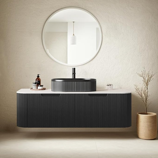 48 inch Floating Bathroom Vanity with Sink, Plywood Bathroom Vanities with Oval Ceramic Basin and Marble Top, 2 Large Soft-Closing Storage Drawers, Pre-Assembled Cabinet, Gloss Black