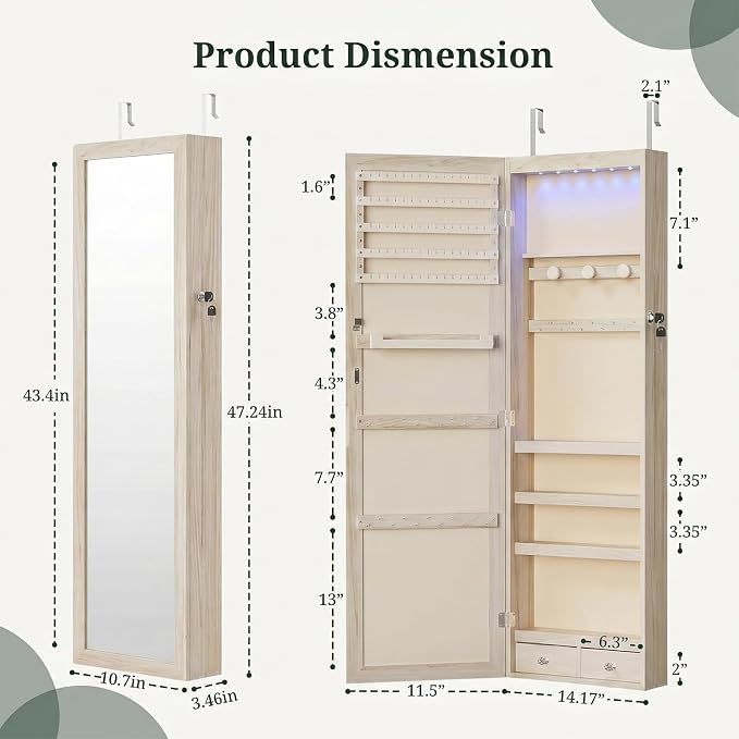 Jewelry Armoire, 47.2" Tall Lockable Jewelry Organizers and Storage Cabinet with Full-Length Mirror, 6 LEDs Mirror Jewelry Cabinet, Wall or Door Mounted Jewelry Storage for Women Bedroom, Gift Idea
