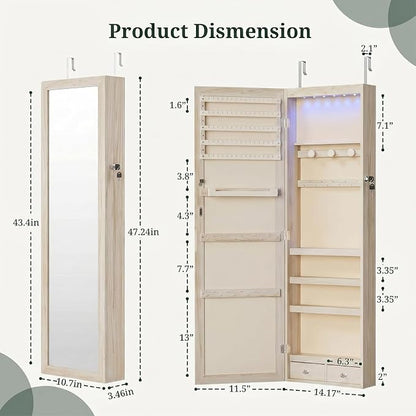 Jewelry Armoire, 47.2" Tall Lockable Jewelry Organizers and Storage Cabinet with Full-Length Mirror, 6 LEDs Mirror Jewelry Cabinet, Wall or Door Mounted Jewelry Storage for Women Bedroom, Gift Idea