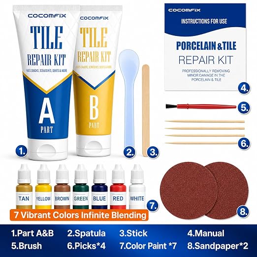 Tile Repair Kit, Ceramic & Porcelain Tile Chips & Cracks Repair-Color Match | Strong-Bond Epoxy Filler for Floor, Wall & Shower Tile, Acrylic & Fiberglass; Repairs Holes, Chips, Cracks & Scratches