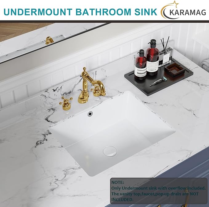 20 Inch Undermount Bathroom Sink Rectangle Undermount Sink White Ceramic Under Counter Bathroom Sinks with Overflow (19.7"x15.7")