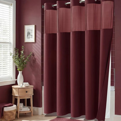 Burgundy Hook Free Waffle Shower Curtain & Snap Fabric Liner,72x99 | Less Time to install, 3 in 1 Fabric Shower Curtain and Liner Set with Magnets, Extra Long, Shower Curtains for Bathroom