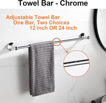 BGL Bathroom Hardware Set, Chrome Adjustable Expandable Towel Bar 4-Piece Bathroom Accessory Set Wall Mounted Robe Hook Toilet Paper Holder Towel Ring Towel Bar
