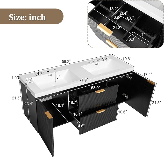 60" Bathroom Vanity with Sink Combo, Floating Double Sink Bathroom Vanity with SMC Resin Top, MDF Cabinet with Solid Wood Frame, Wall-Mounted Bath Room Vanities for Large Bathrooms (60''-Black)