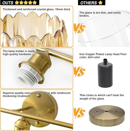 Bathroom Light Fixtures, 4-Light Brushed Gold Vanity Lights for Bathroom with Amber Tulip Glass Shade, 26" Vintage Bathroom Vanity Lighting Fixtures Over Mirror for Bedroom Living Room Hallway