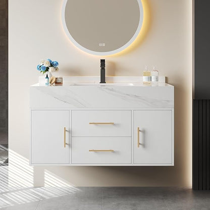 Bathroom Vanity with Sink 39.5" Floating Bathroom Vanity Sintered Stone Modern Bathroom Vanity Set, White (Wall Mounted, Gold Handle)