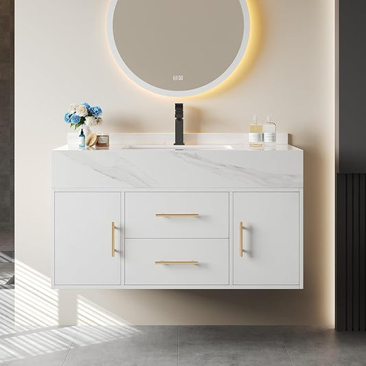 Bathroom Vanity with Sink 39.5" Floating Bathroom Vanity Sintered Stone Modern Bathroom Vanity Set, White (Wall Mounted, Gold Handle)