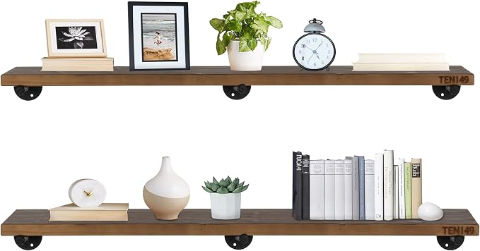 TEN49 Real Wood Rustic Floating Shelves Wall - 48 Wide Small Wooden Industrial Pipe Shelving - Farmhouse Pipe Wall Shelves Furniture Bathroom Decor Art Shelf Kitchen - Dark Espresso Color - Set of 2