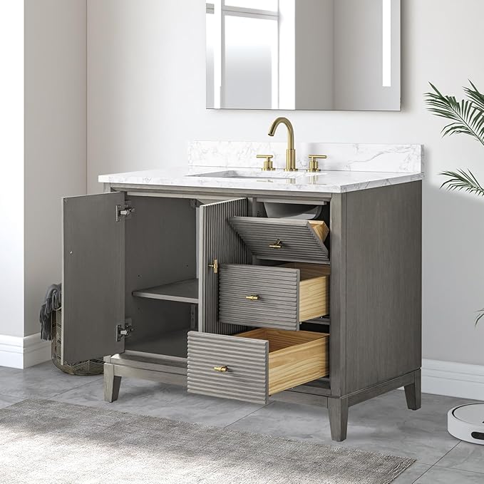 Vanity Art 42" Bathroom Vanity with Single Sink & Arabescato White Engineered Stone Top, Vanity Cabinet with Soft Closing Door, Solid Wood Frame, Golden Brushed Handles, Driftwood Gray VA8142-DG-GB