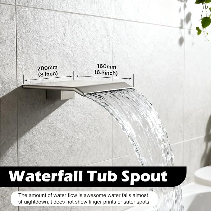 Midanya Shower System with Tub Spout,10 Inch Shower Head,Brushed Nickel | with Valve & Trim Kit,Square Rain Head,Handheld Sprayer,Waterfall Spout,All Metal Wall Mount Bathroom Shower Tub Faucet Set