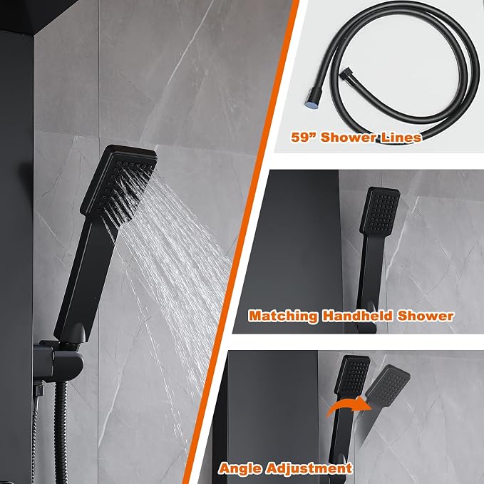 LCD Temperature Display Rainfall Shower Panels Tower System with Storage Shelf, Matte Black LED Light 304 Stainless Steel with Handheld Massage Body Jets Water Waterfall Bathtub