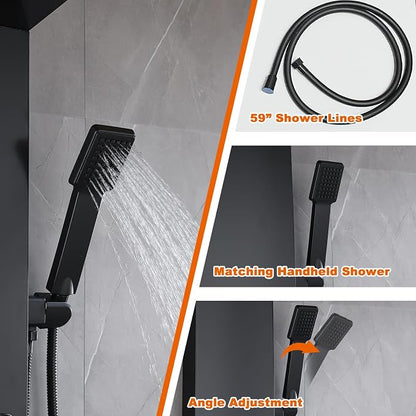 LCD Temperature Display Rainfall Shower Panels Tower System with Storage Shelf, Matte Black LED Light 304 Stainless Steel with Handheld Massage Body Jets Water Waterfall Bathtub