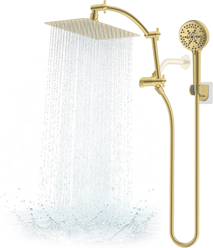 Hibbent Metal 10" High Pressure Rain Shower Head Combo, Brushed Gold | cUPC Certified Rainfall Shower Head with handheld 10 Sprays, 16'' Adjustable Extension Arm, 71'' Hose, Showerhead Holder