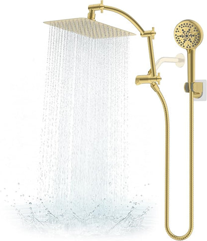 Hibbent Metal 10" High Pressure Rain Shower Head Combo, Brushed Gold | cUPC Certified Rainfall Shower Head with handheld 10 Sprays, 16'' Adjustable Extension Arm, 71'' Hose, Showerhead Holder