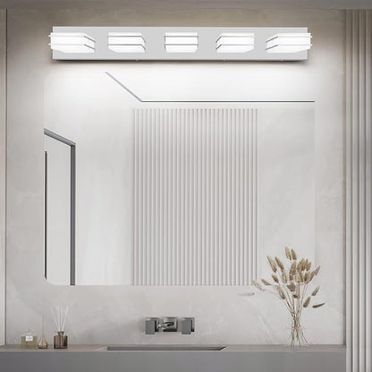 GOODATE 3 Color Temperature Dimmable Vanity Lighting Fixtures, LED Chrome 5 Light Bathroom Vanity Light, Acrylic Stainless Steel Square Shade Vanity Lights for Bathroom, ETL Certificated