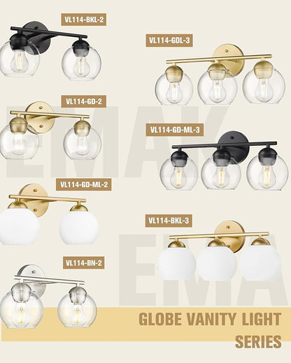 Emak 3-Light Vanity Lights for Bathroom, Black Light Fixtures Over Mirror, Globe Vanity Light with Clear Glass Shade, VL114-BKL-3