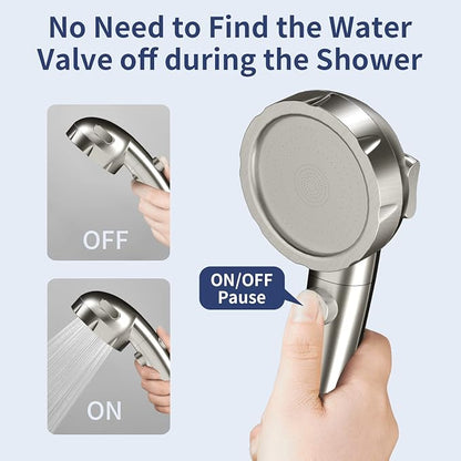 HANLIAN On/Off High Pressure Handheld Shower Head for RV Camper | 3 Spray Modes Shower Head with Pause Button, Water Saving Shower Head with Hose and Self-adhesive Holder(Brushed Nickel)