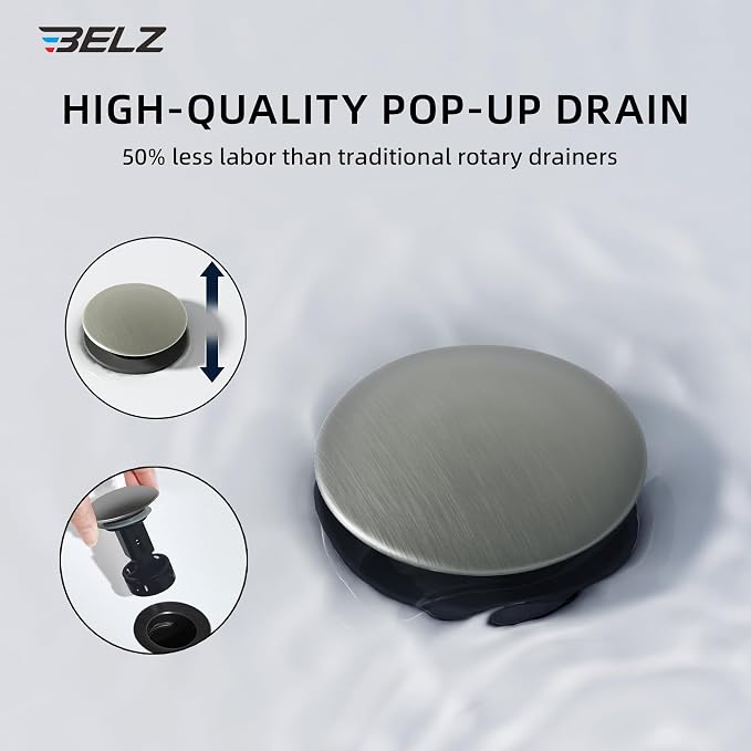 BELZ Nickel Bathroom Faucet, Lead-Free for 1 or 3 Hole 4" Vanity Sink | NSF372 Compliant,Anti-peeling PVD Finish,Includes Pop-up Drain & Hoses,Single Handle Modern Design, Easy DIY Install