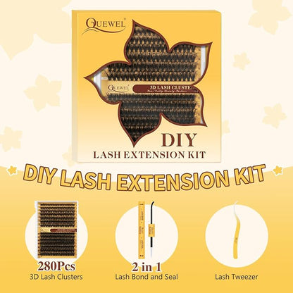 QUEWEL Lash Clusters Kit, 280Pcs 70D+90D 3D Lash Cluster Eyelash Extensions | 10-18mm Lash Clusters Kit with Lash Bond and Seal and Lashes Tweezers Easy DIY at Home (70+90D 3D Kit)