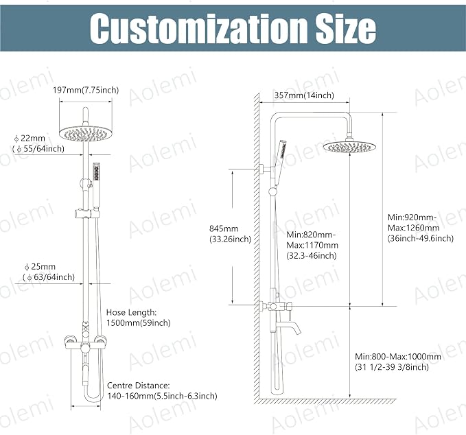 Aolemi Outdoor Shower SUS304 Outside Kit Handheld Tub Spout Brushed Nickel | 8 Inch Head, Handheld Spray, Swivel Tub Faucet, Adjustable Height,Outside Exposed Shower Fixture,Single Handle,Wall Mount