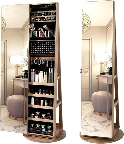 LVSOMT Standing Jewelry Cabinet with Sliding Full Length Mirror, Wood | 360° Swivel Mirror with Jewelry Storage, Lockable Jewelry Armoire Organizer with 3 Rear Shelves for Bedroom, Gift for Women