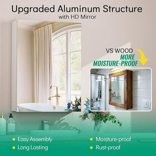 24 x 32 Medicine Cabinet Mirror, Mount or Recessed Bathroom Mirror with Storage, Aluminum Framed Medicine Cabinet with Adjustable Shelves for Bathroom Vanity Modern Farmhouse