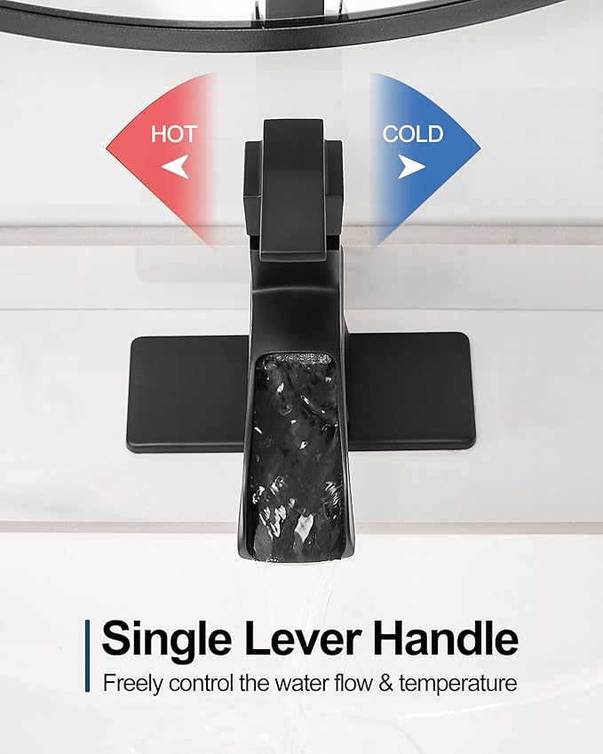 Waterfall Faucet, Brass Black Bathroom Sink Faucet 1 Hole or 3 Holes (4 Inch) with Single Handle, Pop-Up Drain, Lead-Free cUPC Supply Hoses & Deck Plate for Vanity Lavatory RV