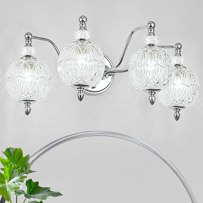Brushed Chrome Bathroom Vanity Light, 4-Light Mid Century Modern Brushed Chrome Finish Wall Sconce with Globe Glass Shades, Retro Mirror Light for Bathroom, Powder Room
