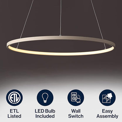 JONATHAN Y 23.75" Beige Modern Integrated LED Pendant Light, Dimmable Round Hoop Chandelier for Kitchen Island, Dining Room, Adjustable Height Metal Hanging Light (JYL7203H)