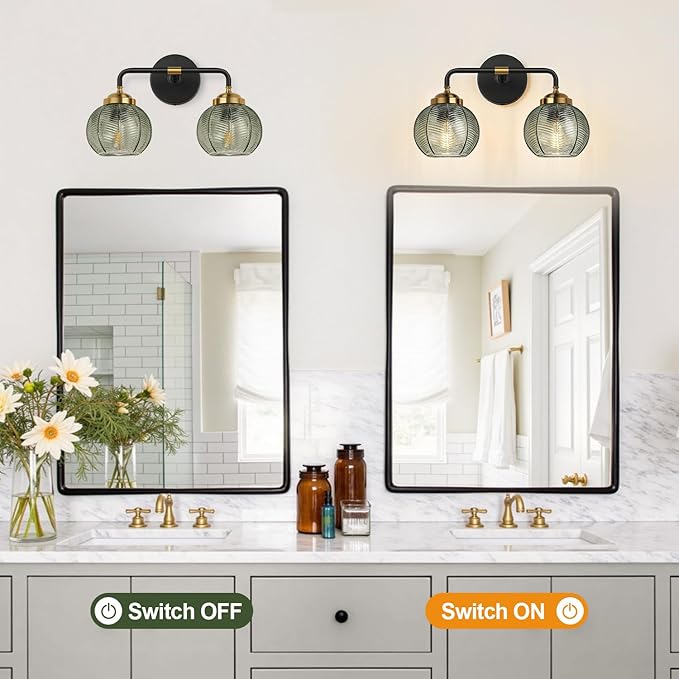Bathroom Light Fixtures, 2-Light Green Vanity Lights with Unique Leaf Texture Glass Shade, Modern Matte Black and Gold Bathroom Wall Lamp for Mirror Hallway Cabinet Living Room