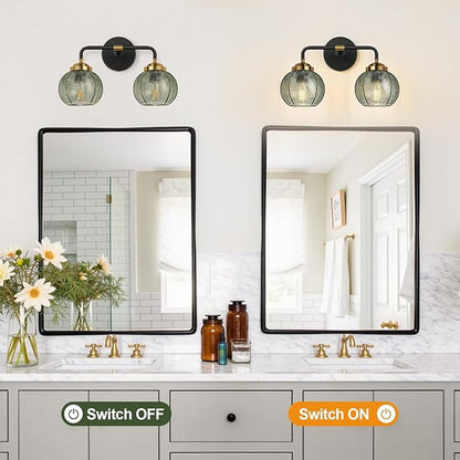 Bathroom Light Fixtures, 2-Light Green Vanity Lights with Unique Leaf Texture Glass Shade, Modern Matte Black and Gold Bathroom Wall Lamp for Mirror Hallway Cabinet Living Room