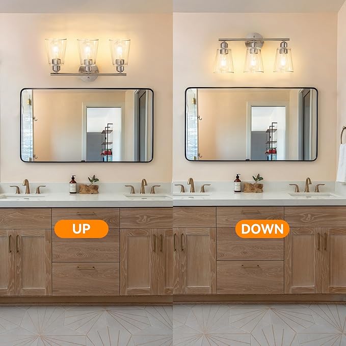 TALOYA 19 Inch Brushed Nickel Bathroom Light Fixtures with Thickend Clear Tapered Glass Shade, 3-Light Modern Vanity Light Over Mirror for Bathrooms, Bedrooms (Bulbs Not Included)