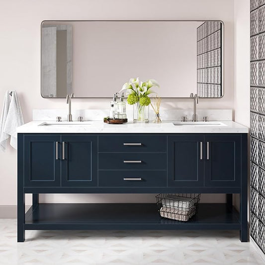 DKB Olivia 72" Midnight Blue Double Bathroom Vanity with Rectangular Undermount Sinks, 1.5" Carrara Quartz Countertop, 4 Soft-Closing Doors, 3 Dovetail Drawers, Open Shelf