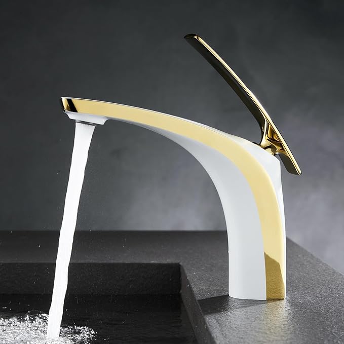Single Handle Bathroom Faucets Brass Single Hole Faucet for Bathroom Sink Hot Cold White+Gold