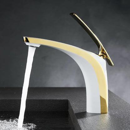 Single Handle Bathroom Faucets Brass Single Hole Faucet for Bathroom Sink Hot Cold White+Gold