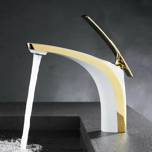 Single Handle Bathroom Faucets Brass Single Hole Faucet for Bathroom Sink Hot Cold White+Gold