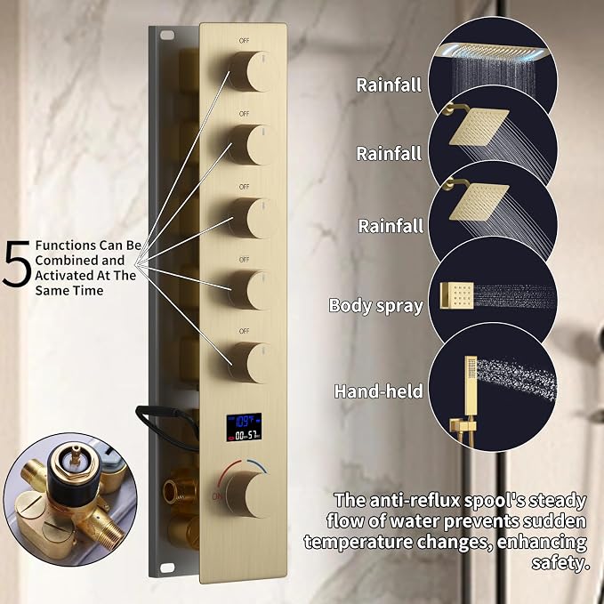 16X26 inch Shower System Brushed Gold Shower Head and Handle Set | Temperature Display Shower Faucet with Dual 8 inch Shower Head, 6 Body Jet, Handheld Shower, 5 Functions Can All Run Together